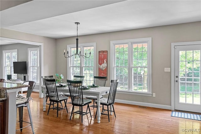 14136 Rigney Dr, Midlothian, VA 23113 - dining area with baseboards, light wood-style flooring, and a chandelier