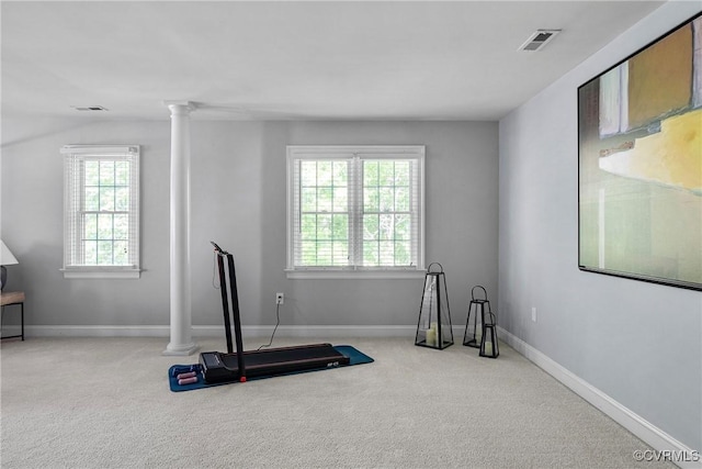 14136 Rigney Dr, Midlothian, VA 23113 - exercise area with carpet floors, decorative columns, and baseboards