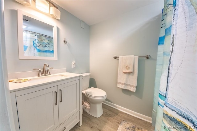 54 Villa Ridge Dr Unit C, Hartfield, VA 23071 - bathroom with wood finished floors, toilet, vanity, baseboards, and a shower with curtain