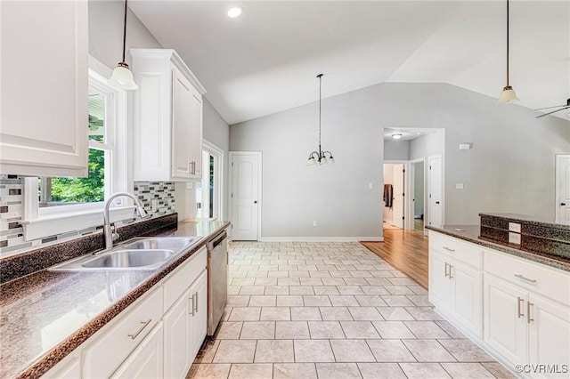 6180 Emmaus Church Rd, Providence Forge, VA 23140 - kitchen with a sink, lofted ceiling, stainless steel dishwasher, tasteful backsplash, and a chandelier