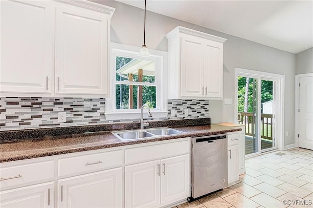 6180 Emmaus Church Rd, Providence Forge, VA 23140 - kitchen featuring dishwasher, a sink, dark countertops, backsplash, and decorative light fixtures