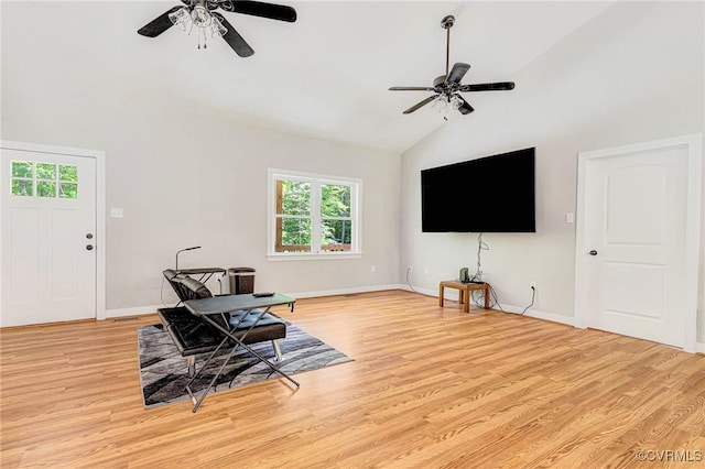 6180 Emmaus Church Rd, Providence Forge, VA 23140 - living area with a ceiling fan, high vaulted ceiling, light wood-type flooring, and baseboards