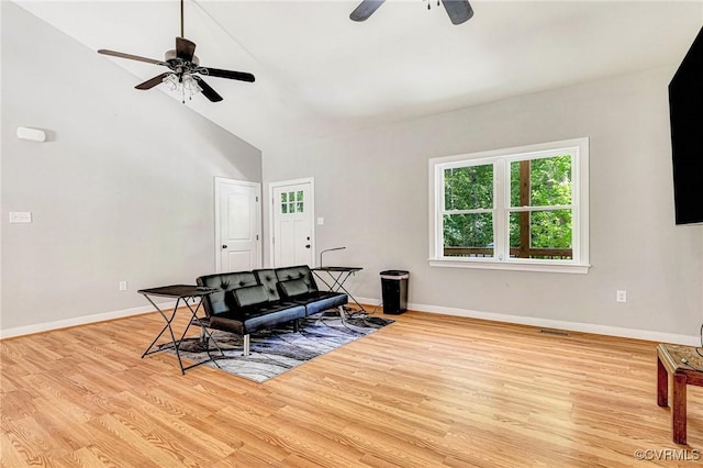 6180 Emmaus Church Rd, Providence Forge, VA 23140 - sitting room featuring ceiling fan, light wood finished floors, baseboards, and high vaulted ceiling