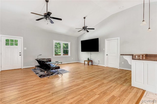 6180 Emmaus Church Rd, Providence Forge, VA 23140 - living area featuring ceiling fan, light wood-type flooring, high vaulted ceiling, and baseboards