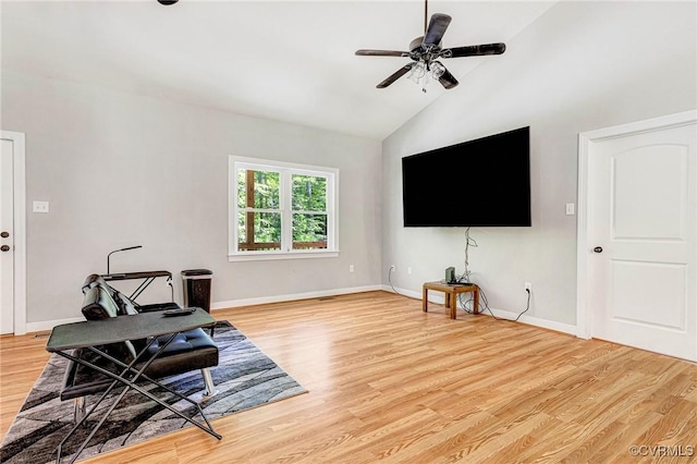6180 Emmaus Church Rd, Providence Forge, VA 23140 - sitting room with light wood-style floors, ceiling fan, high vaulted ceiling, and baseboards
