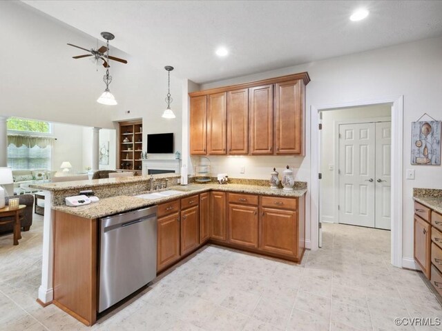 442 Dunlin Ct, Midlothian, VA 23114 - kitchen with dishwasher, open floor plan, a peninsula, brown cabinetry, and recessed lighting