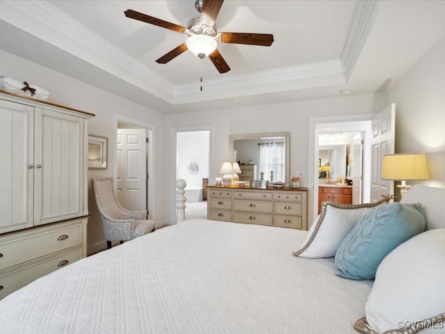 442 Dunlin Ct, Midlothian, VA 23114 - bedroom with crown molding, a tray ceiling, ensuite bathroom, and ceiling fan