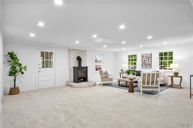 13531 W Salisbury Rd, Midlothian, VA 23113 - carpeted living area with recessed lighting, plenty of natural light, a wood stove, baseboards, and attic access