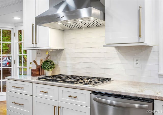13531 W Salisbury Rd, Midlothian, VA 23113 - kitchen with ventilation hood, stainless steel appliances, white cabinets, and light stone countertops