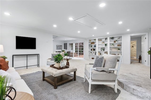 13531 W Salisbury Rd, Midlothian, VA 23113 - living room with attic access, light carpet, recessed lighting, built in shelves, and baseboards