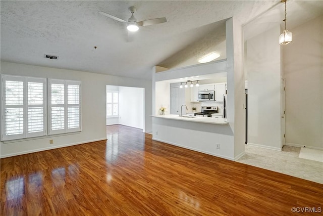 10205 Wolfe Manor Ct Unit 1012, Glen Allen, VA 23060 - unfurnished living room with a sink, a ceiling fan, lofted ceiling, wood finished floors, and a textured ceiling