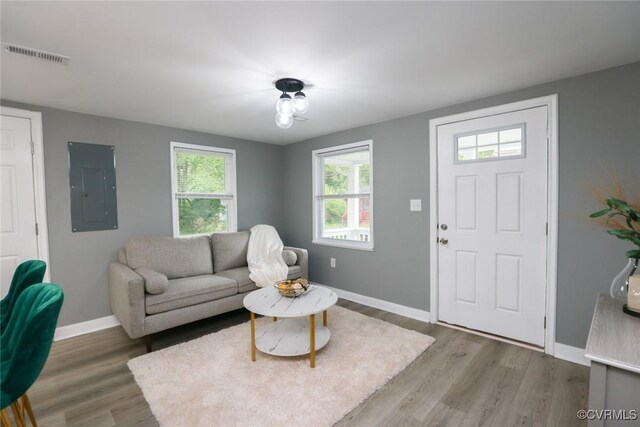 935 Wilcox St, Petersburg, VA 23803 - living room featuring electric panel, baseboards, and wood finished floors