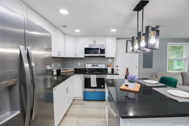 935 Wilcox St, Petersburg, VA 23803 - kitchen featuring appliances with stainless steel finishes, electric panel, white cabinetry, light wood finished floors, and recessed lighting