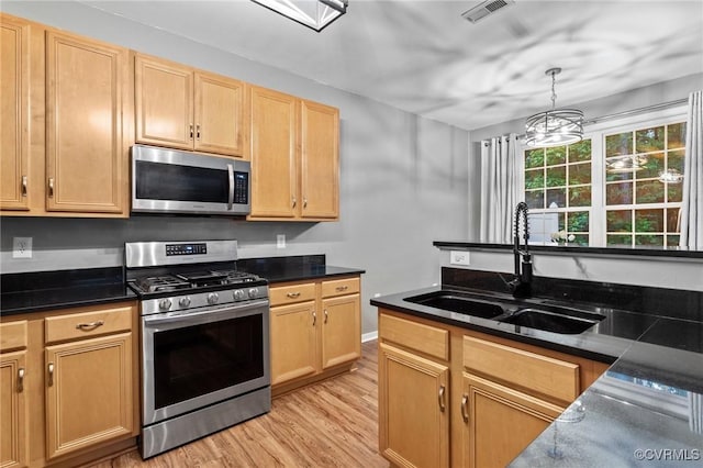1753 Rose Mill Cir, Midlothian, VA 23112 - kitchen featuring stainless steel appliances, a sink, light wood-type flooring, decorative light fixtures, and light brown cabinets