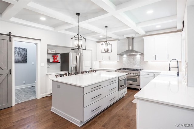 14104 Waters Edge Cir, Midlothian, VA 23112 - kitchen featuring wall chimney range hood, appliances with stainless steel finishes, coffered ceiling, tasteful backsplash, and recessed lighting