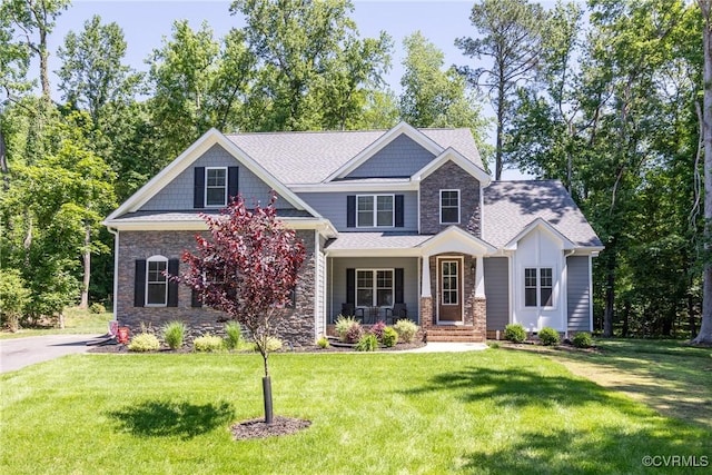 14104 Waters Edge Cir, Midlothian, VA 23112 - craftsman-style home with stone siding, a front lawn, a porch, and roof with shingles