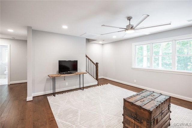 14104 Waters Edge Cir, Midlothian, VA 23112 - living area with ceiling fan, wood finished floors, baseboards, and recessed lighting