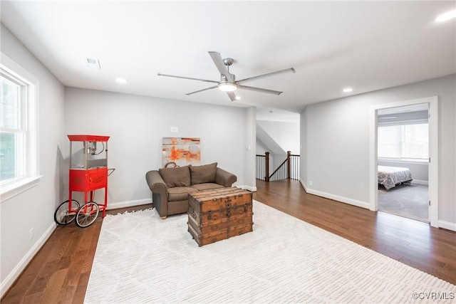 14104 Waters Edge Cir, Midlothian, VA 23112 - sitting room with an upstairs landing, wood finished floors, a ceiling fan, recessed lighting, and baseboards