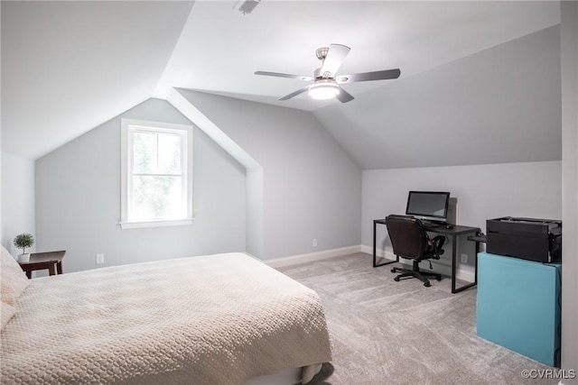 14104 Waters Edge Cir, Midlothian, VA 23112 - bedroom featuring light colored carpet, lofted ceiling, ceiling fan, baseboards, and an office area