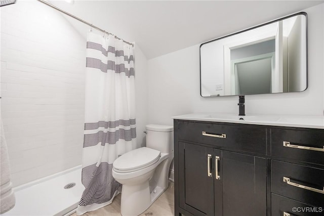 14104 Waters Edge Cir, Midlothian, VA 23112 - bathroom with toilet, vanity, tiled shower, lofted ceiling, and wood finished floors