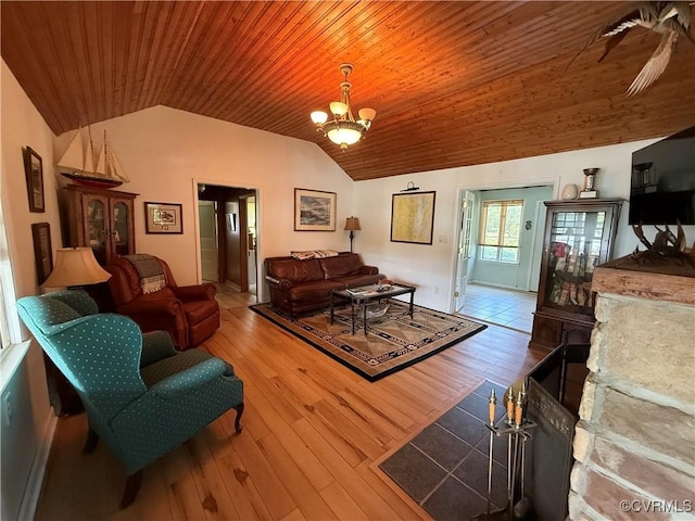 1686 Locust Grove Rd, Topping, VA 23169 - living room with vaulted ceiling, wood ceiling, wood-type flooring, and a chandelier