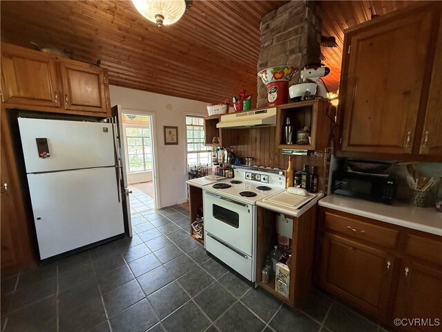 1686 Locust Grove Rd, Topping, VA 23169 - kitchen featuring white appliances, under cabinet range hood, vaulted ceiling, brown cabinets, and wooden ceiling