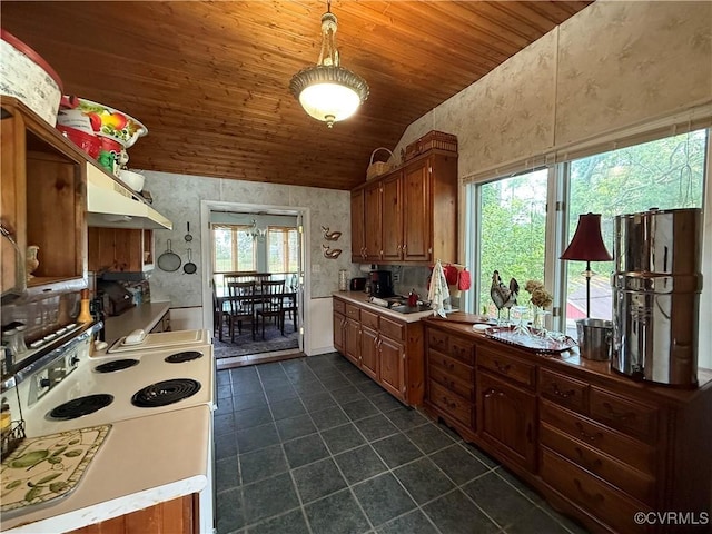 1686 Locust Grove Rd, Topping, VA 23169 - kitchen with wooden ceiling, dark tile patterned floors, under cabinet range hood, brown cabinetry, and white range with electric cooktop