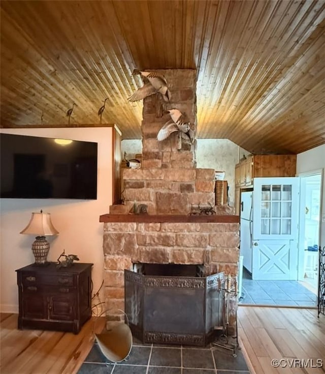 1686 Locust Grove Rd, Topping, VA 23169 - living room with wood ceiling, wood finished floors, lofted ceiling, and a fireplace