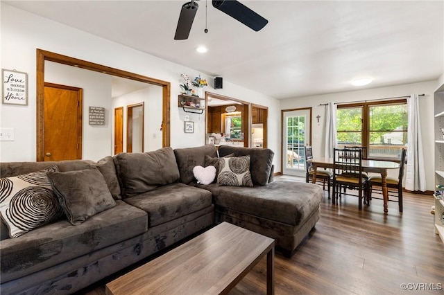19504 Walker Ave, Chesterfield, VA 23834 - living area featuring a ceiling fan and dark wood-style flooring