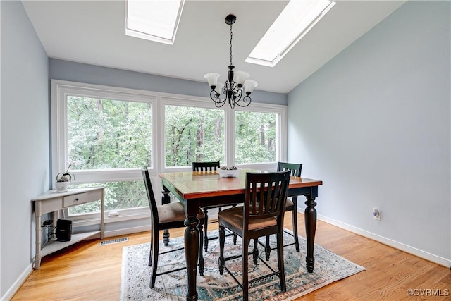 12125 Shore View Dr, Henrico, VA 23233 - dining space with a skylight, a chandelier, light wood-style floors, vaulted ceiling, and baseboards