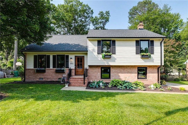 8415 Freestone Ave, Henrico, VA 23229 - tri-level home with brick siding, a chimney, and roof with shingles