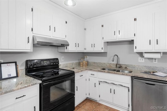12203 King Cotton Ct, Midlothian, VA 23112 - kitchen featuring black electric range, dishwasher, under cabinet range hood, a sink, and crown molding