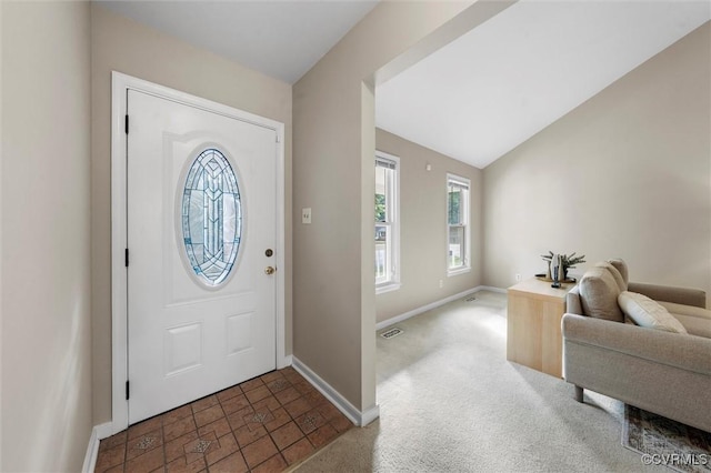 12203 King Cotton Ct, Midlothian, VA 23112 - foyer with baseboards, lofted ceiling, and carpet flooring