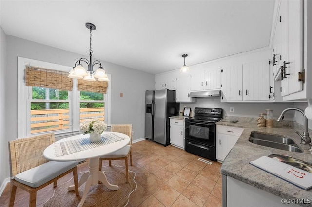 12203 King Cotton Ct, Midlothian, VA 23112 - kitchen featuring electric range, stainless steel refrigerator with ice dispenser, a sink, under cabinet range hood, and a chandelier