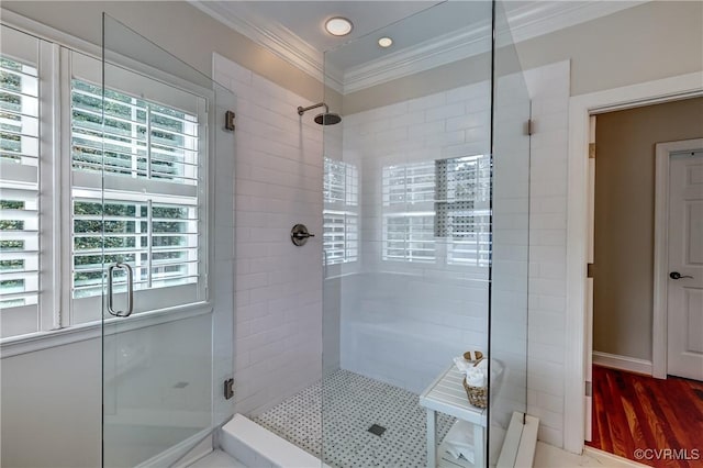 3006 Calcutt Dr, Midlothian, VA 23113 - bathroom featuring ornamental molding, a stall shower, plenty of natural light, wood finished floors, and recessed lighting