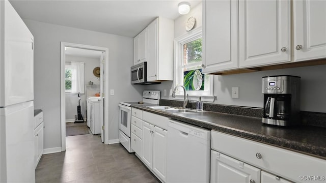 2207 Marroit Rd, Henrico, VA 23229 - kitchen featuring white appliances, white cabinetry, and dark countertops