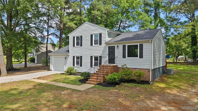 1121 Collingwood Dr, North Prince George, VA 23860 - tri-level home featuring driveway, central AC unit, an attached garage, a front lawn, and a shingled roof