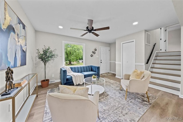 1121 Collingwood Dr, North Prince George, VA 23860 - living room with stairs, ceiling fan, wood finished floors, baseboards, and recessed lighting