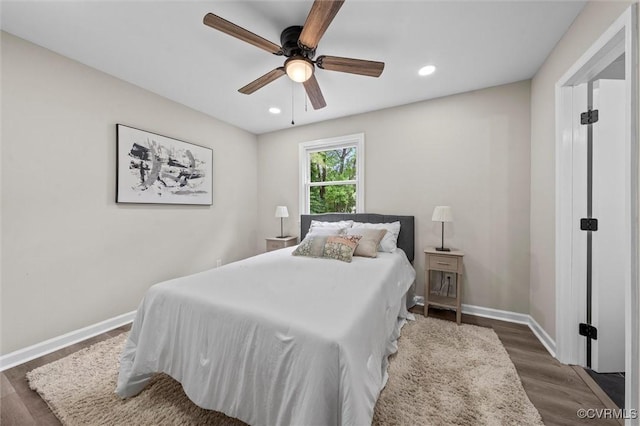 1121 Collingwood Dr, North Prince George, VA 23860 - bedroom with dark wood-style flooring, baseboards, recessed lighting, and a ceiling fan