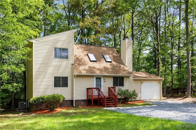 8418 Scottingham Ct, North Chesterfield, VA 23236 - view of front of property featuring a chimney, an attached garage, gravel driveway, central AC, and a shingled roof
