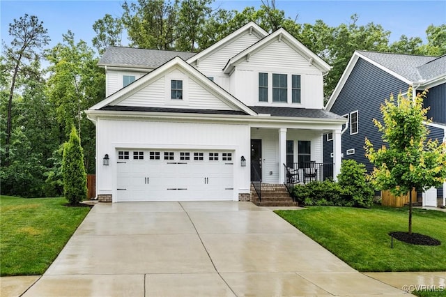 15637 Cedarville Dr, Midlothian, VA 23112 - traditional-style home featuring a porch, driveway, a front lawn, a garage, and board and batten siding