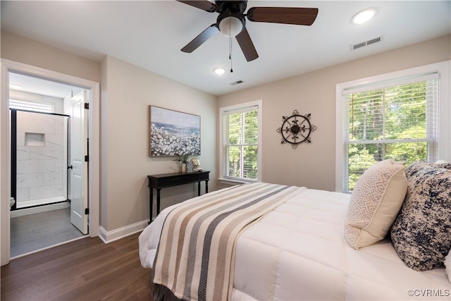 5415 Edgefield St, Henrico, VA 23227 - bedroom with baseboards, dark wood-style flooring, recessed lighting, ensuite bath, and a ceiling fan