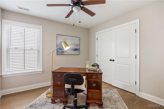 5415 Edgefield St, Henrico, VA 23227 - office area featuring baseboards, plenty of natural light, wood finished floors, and ceiling fan