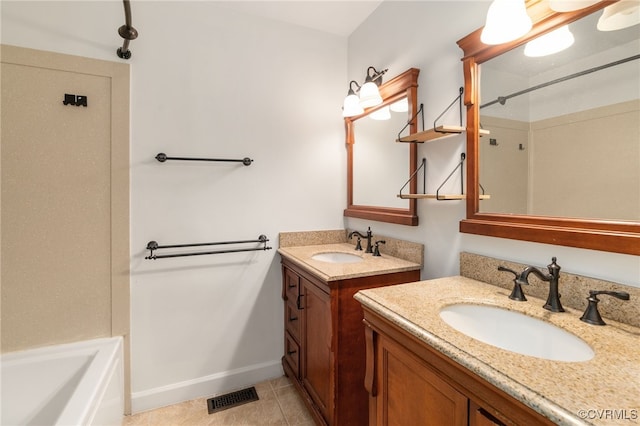 13503 Headwaters Pl, Midlothian, VA 23113 - full bath featuring baseboards, two vanities, tile patterned flooring, and shower / bathtub combination
