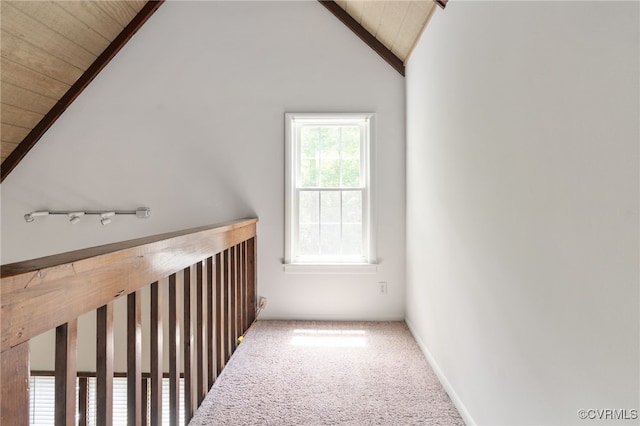 13503 Headwaters Pl, Midlothian, VA 23113 - hall featuring vaulted ceiling, carpet floors, and wooden ceiling