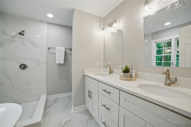 11320 Glendevon Rd, Chesterfield, VA 23838 - full bathroom featuring marble finish flooring, double vanity, a marble finish shower, baseboards, and recessed lighting