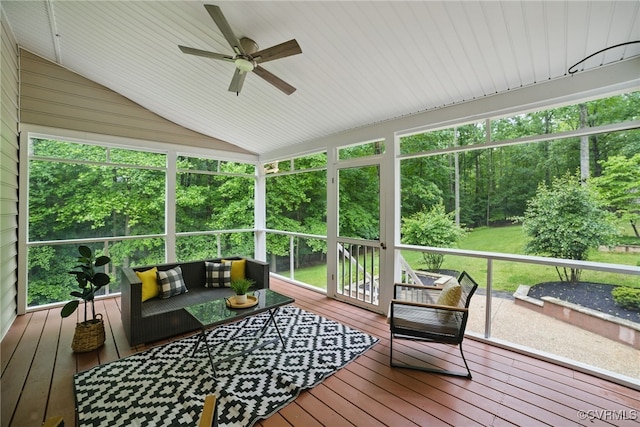 11320 Glendevon Rd, Chesterfield, VA 23838 - sunroom with ceiling fan, vaulted ceiling, and outdoor lounge area