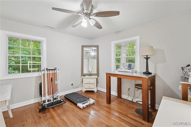 6286 Mcclellan Rd, Mechanicsville, VA 23111 - exercise area with a ceiling fan, baseboards, and wood finished floors