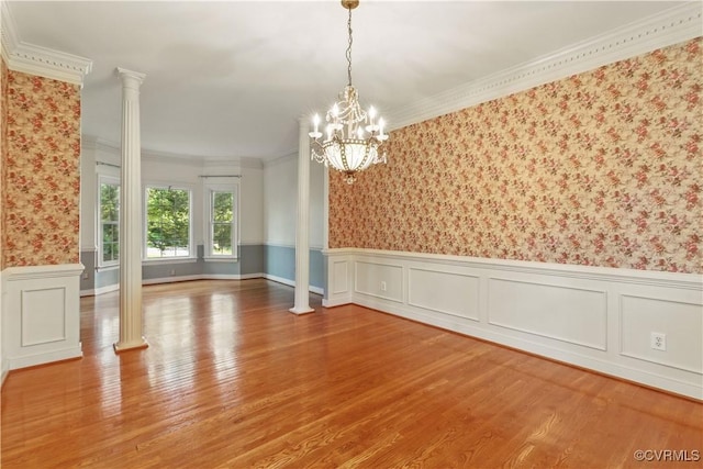 11424 Shellharbor Ct, Chesterfield, VA 23838 - unfurnished dining area featuring a chandelier, wainscoting, ornamental molding, wood finished floors, and wallpapered walls