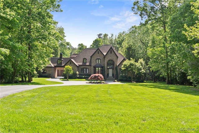 13519 Pungo Ct, Chesterfield, VA 23838 - french country style house with stone siding, a front lawn, and curved driveway